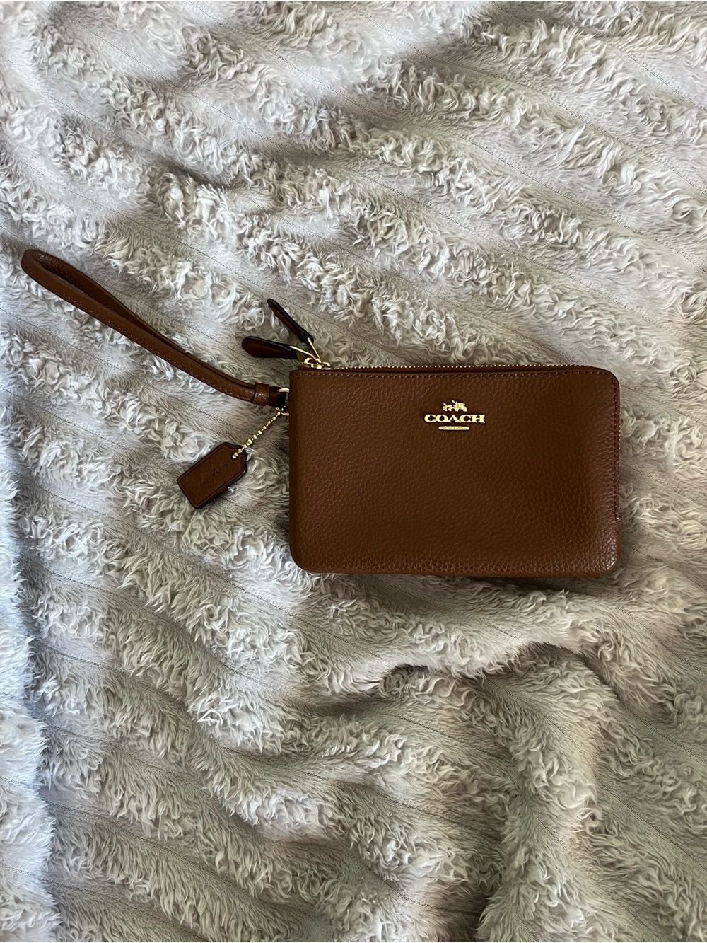 COACH Brown Pebbled Leather Wristlet with Gold Logo